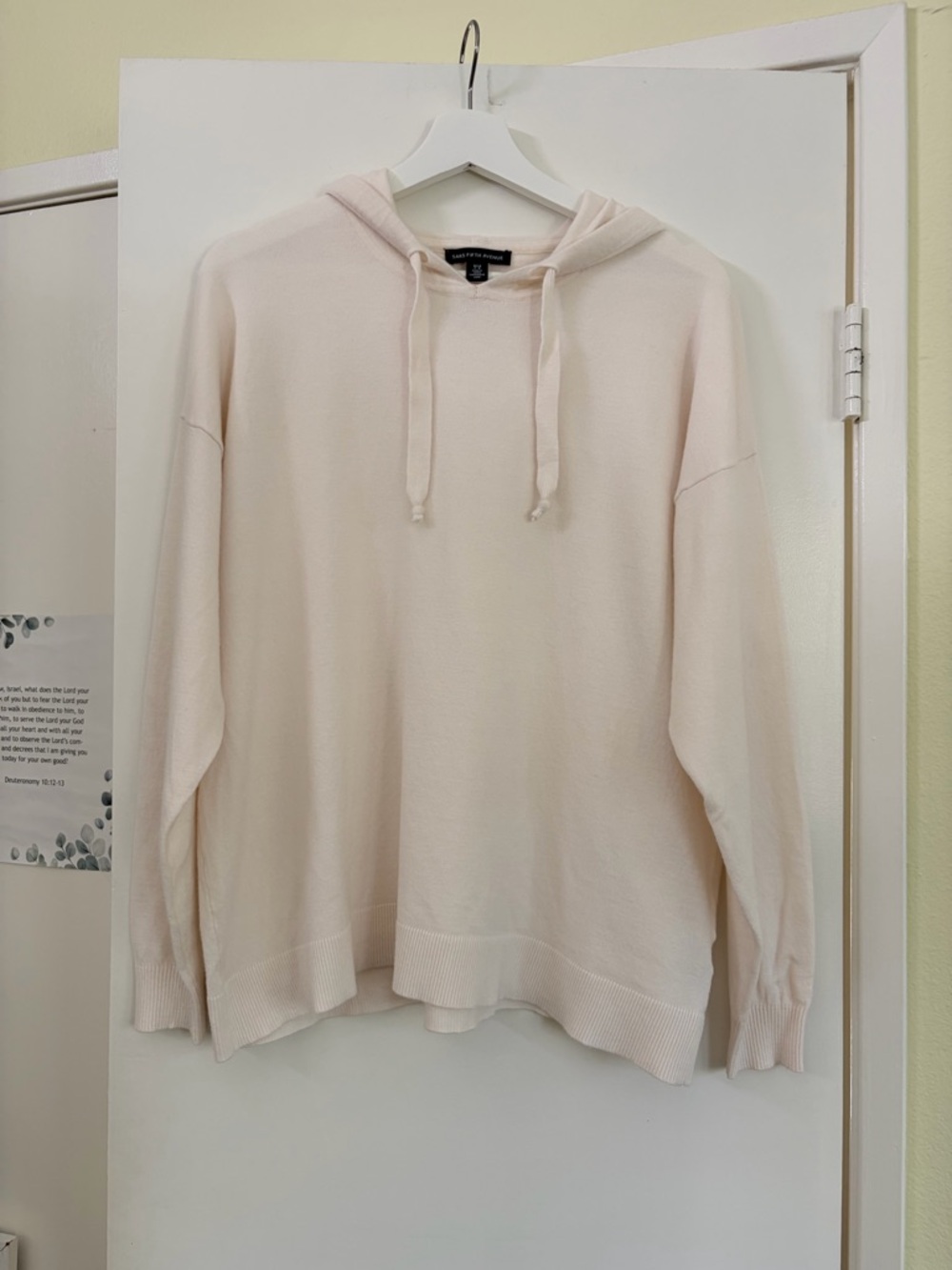 Saks Fifth Avenue Ivory Fine Knit Hooded Sweater Relaxed Pullover Hoodie L